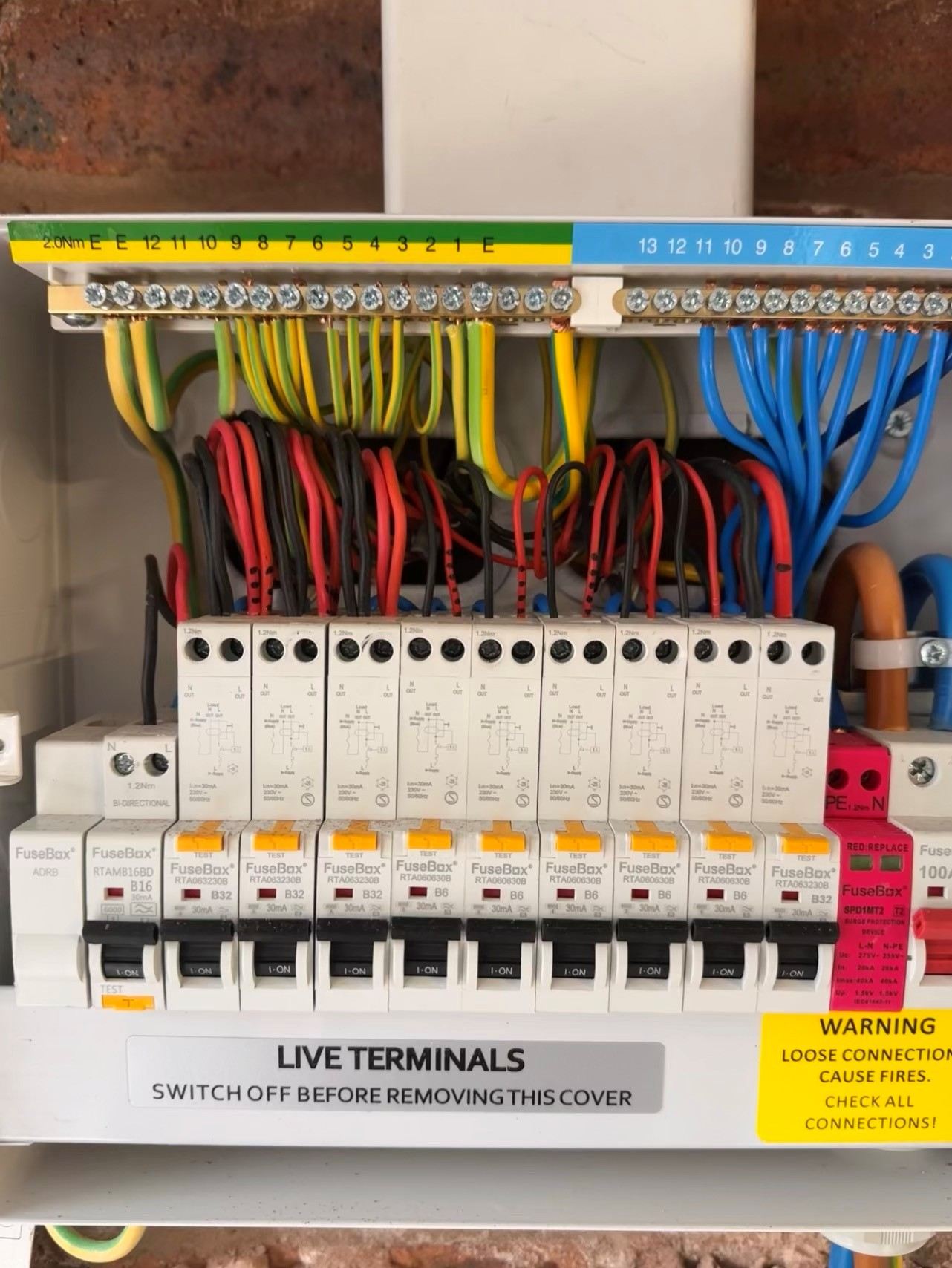 Fully wired consumer unit and fuseboard, close-up view