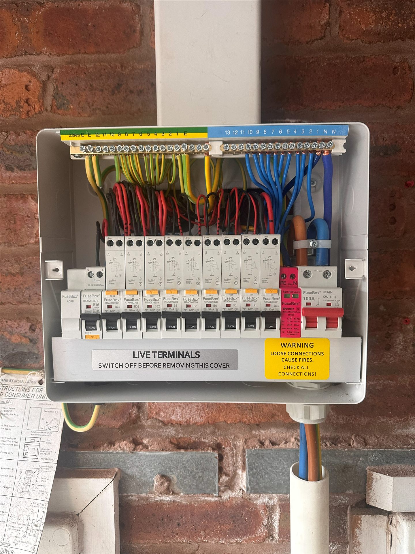 Fully wired consumer unit and fuseboard with RCBO protection