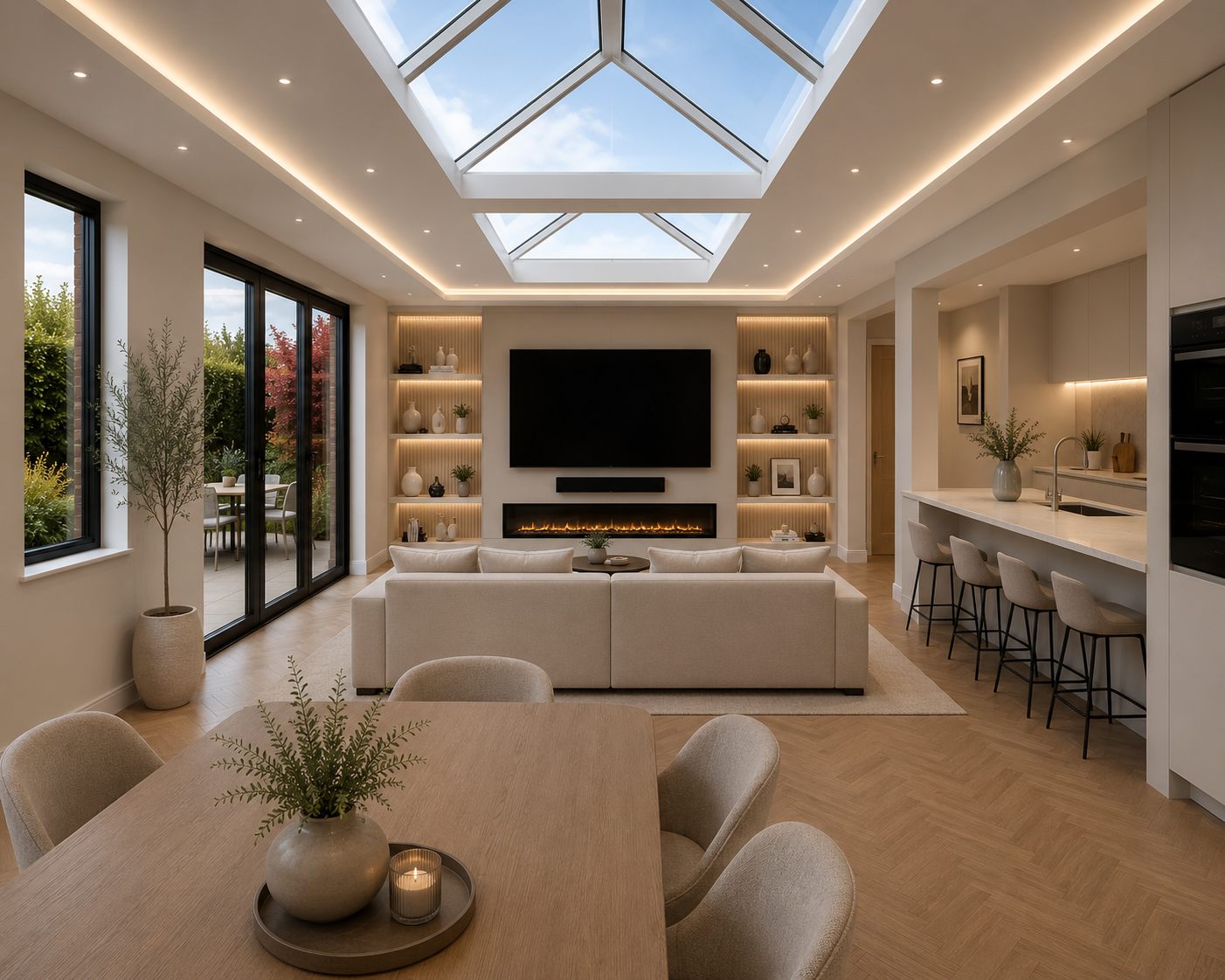 Open-plan kitchen and living extension with skylights